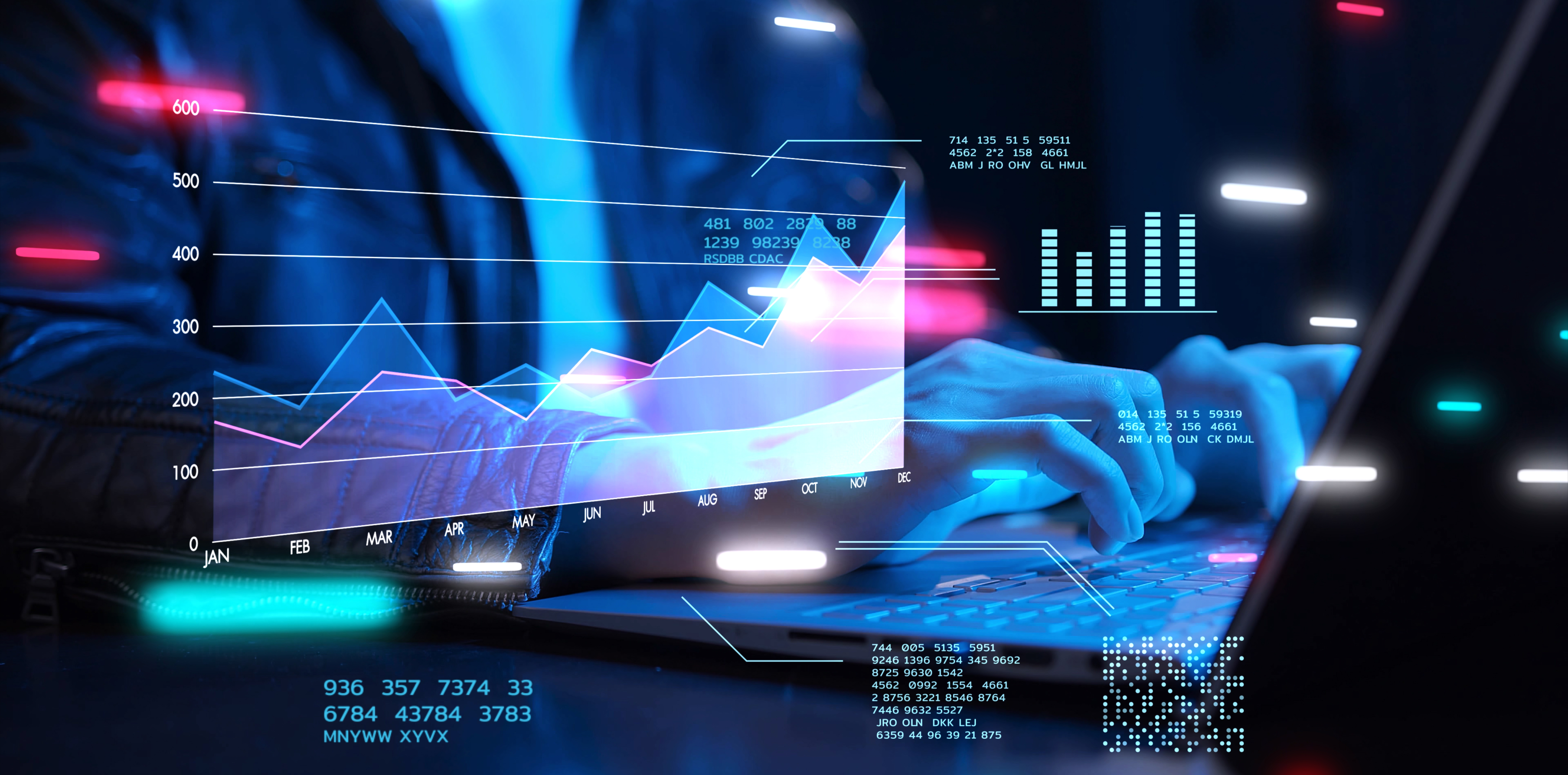 Hands typing on a laptop keyboard in a neon-lit environment with overlaid financial graphics, including a line graph labeled with months, bar charts, and numerical data, symbolizing financial analysis and technology.